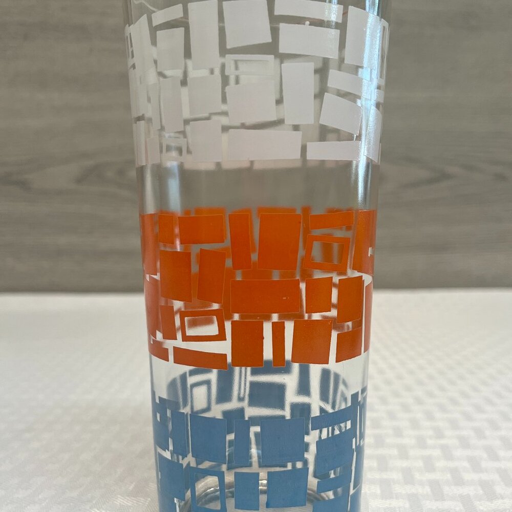 Vintage Mid Century Modern Blue/Orange/White Highball Glass 6.5"